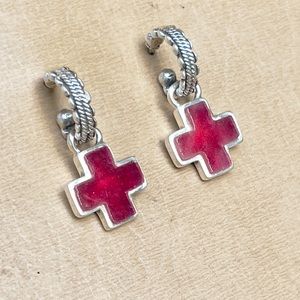 Vintage Barse Sterling Silver 925 Ruby Cross Hoop/Dangle Earrings